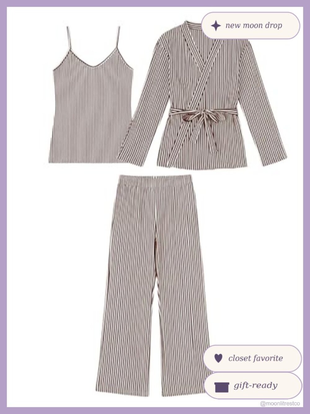 Womens 3 Piece Pajama Lounge Set Striped Cotton Camisole Robe Wide Leg Pants